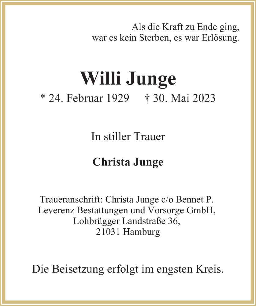  Traueranzeige für Willi Junge vom 10.06.2023 aus Bergedorfer Zeitung