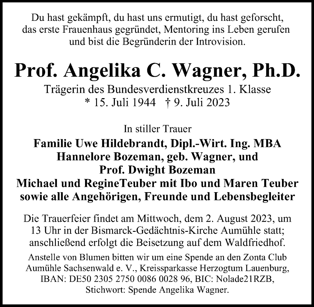  Traueranzeige für Angelika C. Wagner vom 22.07.2023 aus Hamburger Abendblatt
