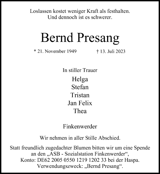 Traueranzeige von Bernd Presang 