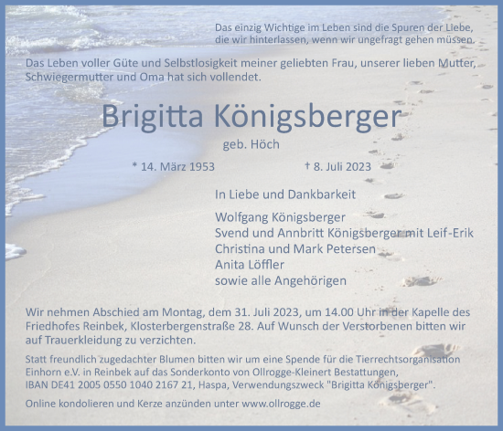 Traueranzeige von Brigitta Königsberger von Bergedorfer Zeitung