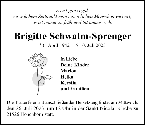 Traueranzeige von Brigitte Schwalm-Sprenger 