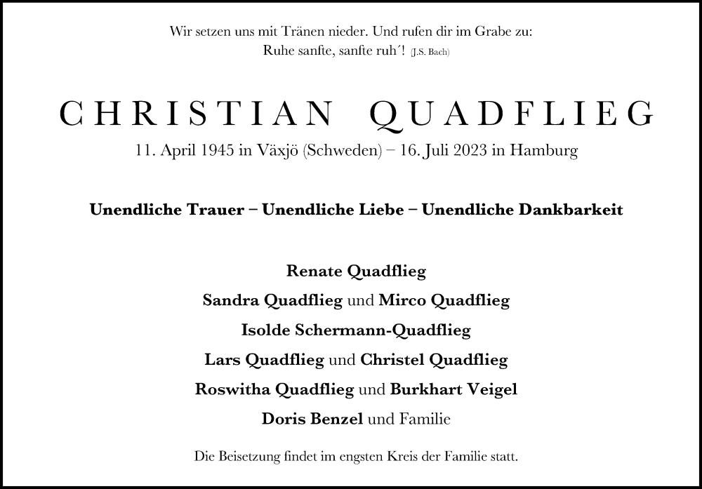  Traueranzeige für Christian Quadflieg vom 22.07.2023 aus Hamburger Abendblatt