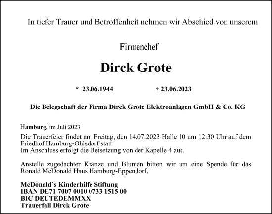 Traueranzeige von Dirck Grote von Hamburger Abendblatt