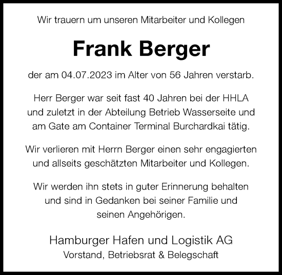 Traueranzeige von Frank Berger von Hamburger Abendblatt