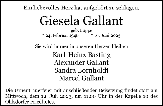 Traueranzeige von Giesela Gallant von Hamburger Abendblatt