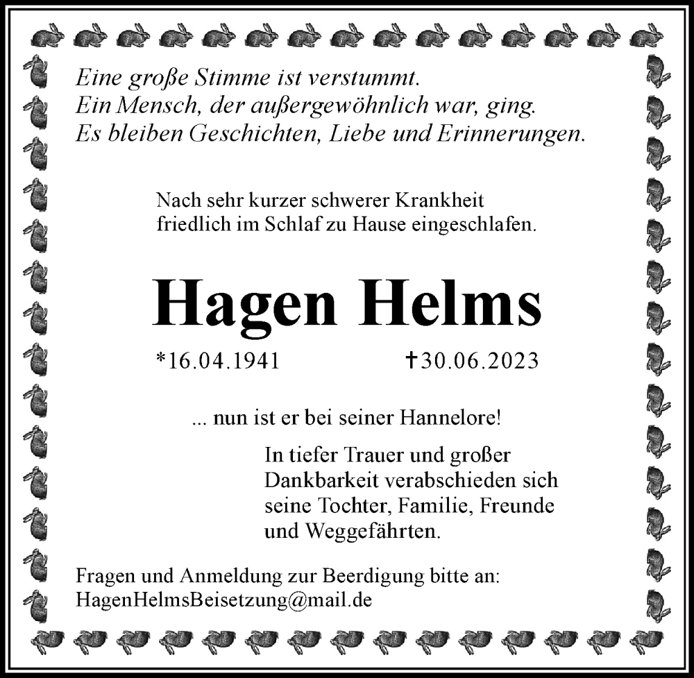  Traueranzeige für Hagen Helms vom 08.07.2023 aus Hamburger Abendblatt
