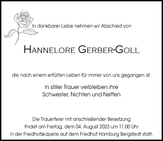 Traueranzeige von Hannelore Gerber-Goll von Hamburger Abendblatt