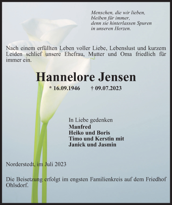 Traueranzeige von Hannelore Jensen von HA Regio Norderstedt, HA Regio Stormarn