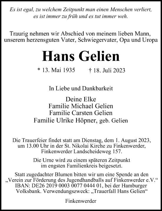 Traueranzeige von Hans Gelien 