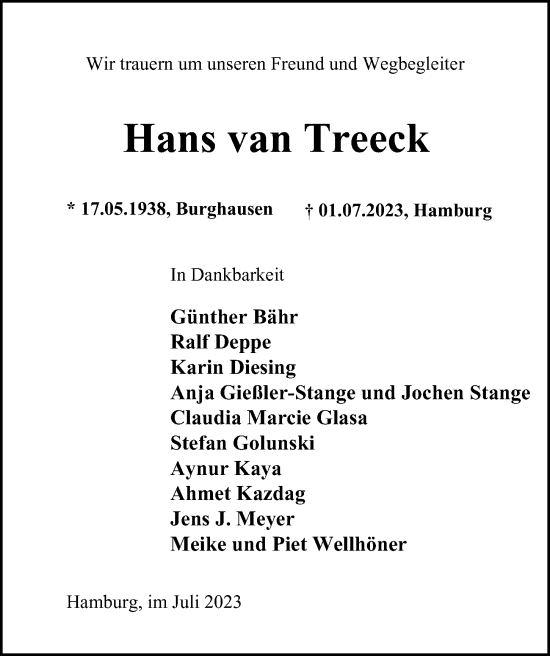 Traueranzeige von Hans van Treeck von Hamburger Abendblatt