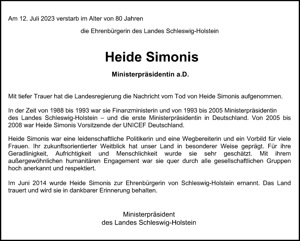  Traueranzeige für Heide Simonis vom 22.07.2023 aus Hamburger Abendblatt