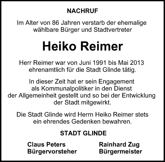 Traueranzeige von Heiko Reimer 