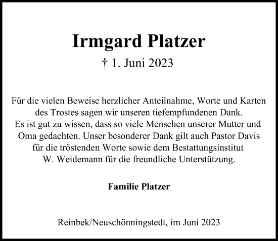 Traueranzeige von Irmgard Platzer 