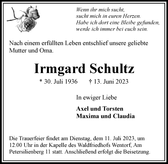 Traueranzeige von Irmgard Schultz von Bergedorfer Zeitung