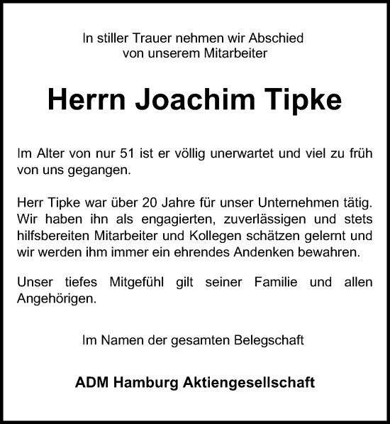 Traueranzeige von Joachim Tipke von Hamburger Abendblatt