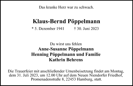 Traueranzeige von Klaus-Bernd Pöppelmann von Hamburger Abendblatt