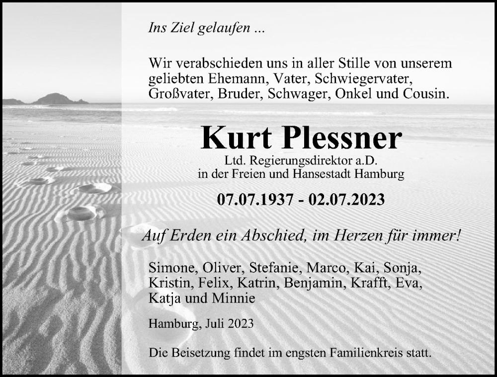  Traueranzeige für Kurt Plessner vom 15.07.2023 aus Hamburger Abendblatt