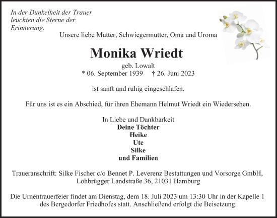 Traueranzeige von Monika Wriedt von Bergedorfer Zeitung