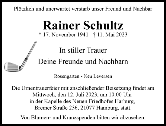 Traueranzeige von Rainer Schultz von Hamburger Abendblatt