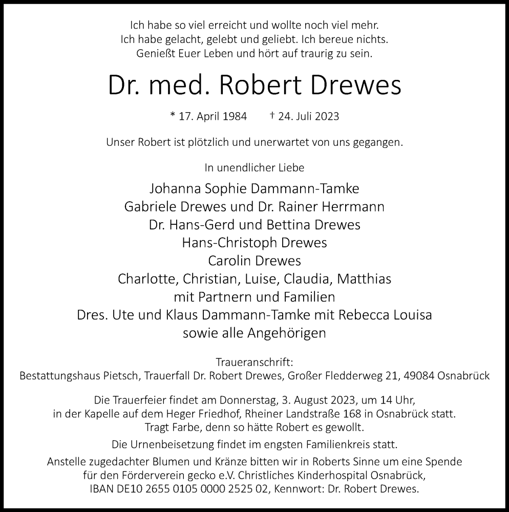  Traueranzeige für Robert Drewes vom 29.07.2023 aus Hamburger Abendblatt
