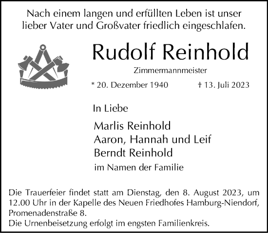 Traueranzeige von Rudolf Reinhold 