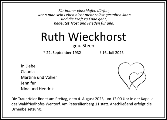 Traueranzeige von Ruth Wieckhorst von Bergedorfer Zeitung