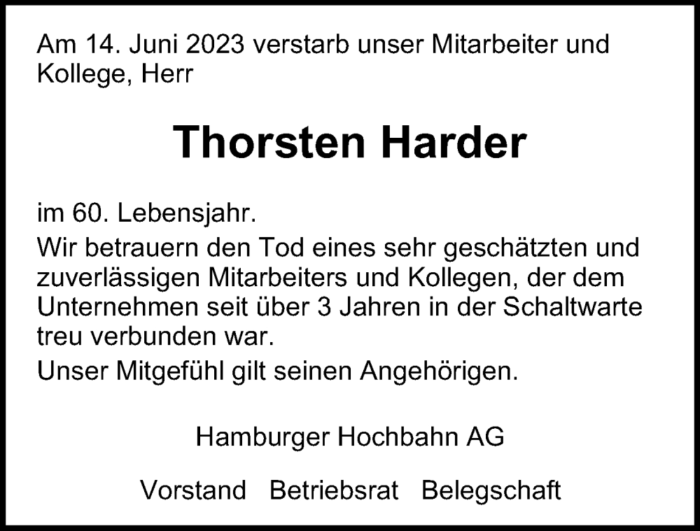  Traueranzeige für Thorsten Harder vom 08.07.2023 aus Hamburger Abendblatt