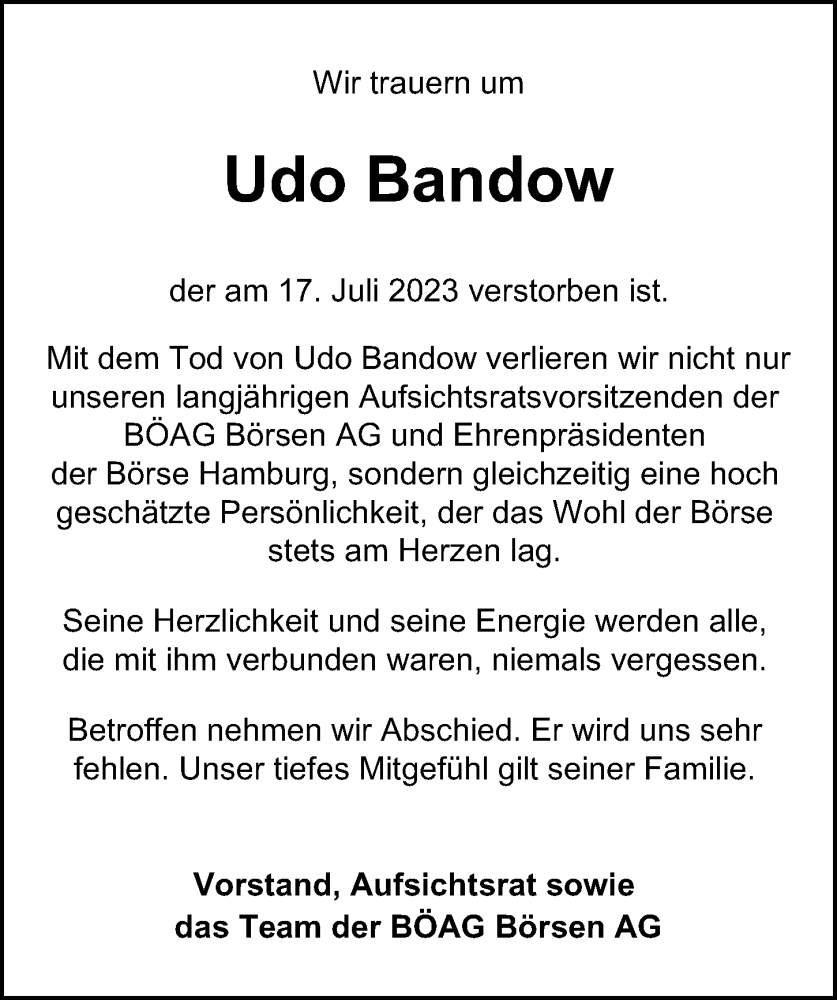  Traueranzeige für Udo Bandow vom 29.07.2023 aus Hamburger Abendblatt