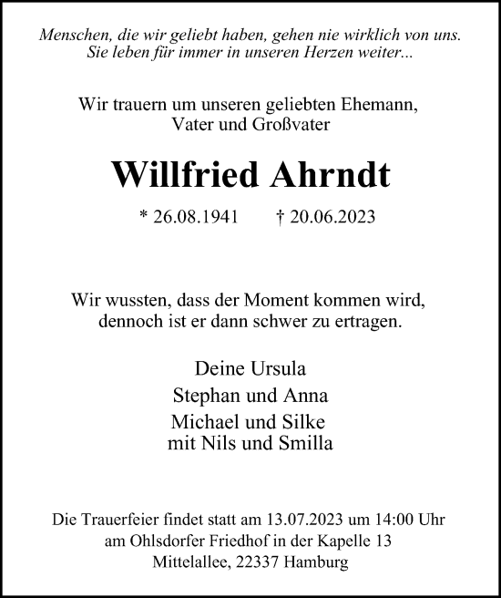 Traueranzeige von Willfried Ahrndt von Bergedorfer Zeitung