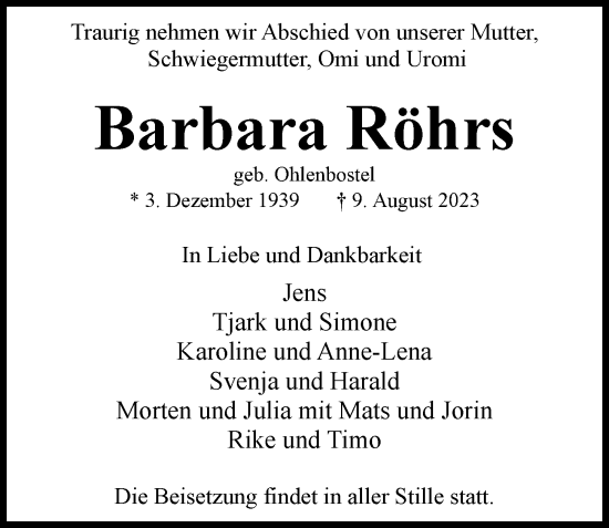 Traueranzeige von Barbara Röhrs von Hamburger Abendblatt