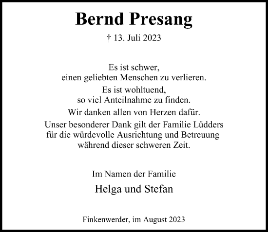 Traueranzeige von Bernd Presang 