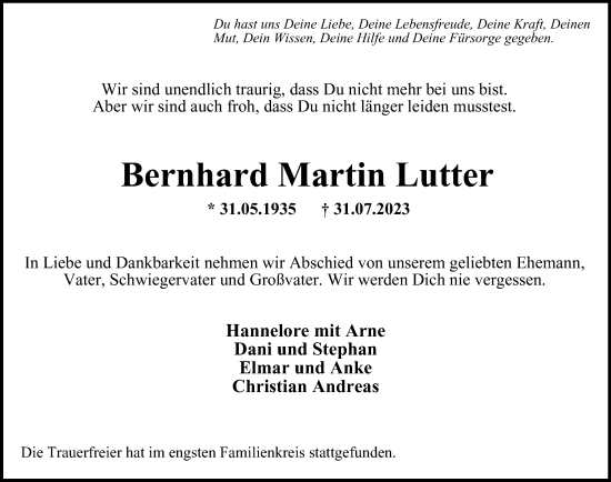 Traueranzeige von Bernhard Martin Lutter von Hamburger Abendblatt