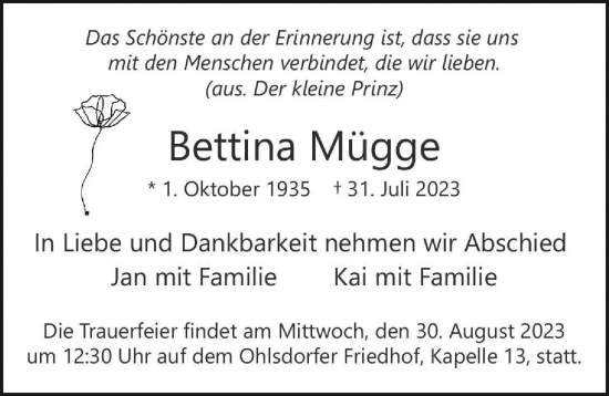 Traueranzeige von Bettina Mügge von Hamburger Abendblatt