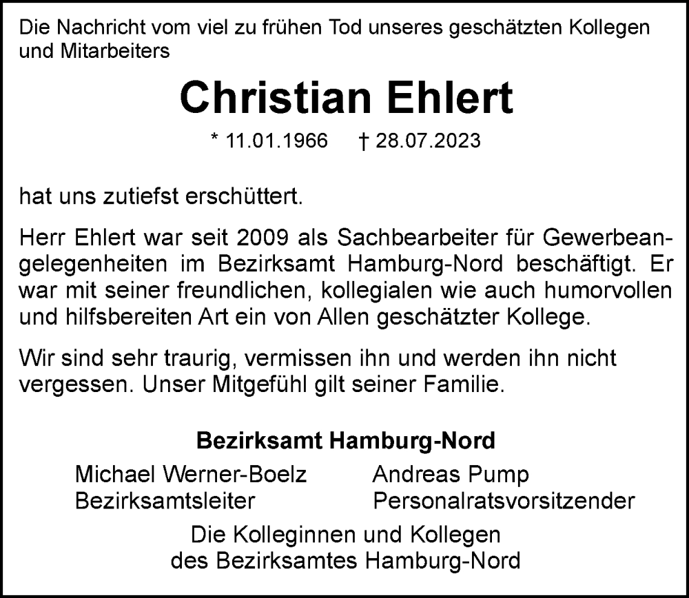  Traueranzeige für Christian Ehlert vom 19.08.2023 aus Hamburger Abendblatt