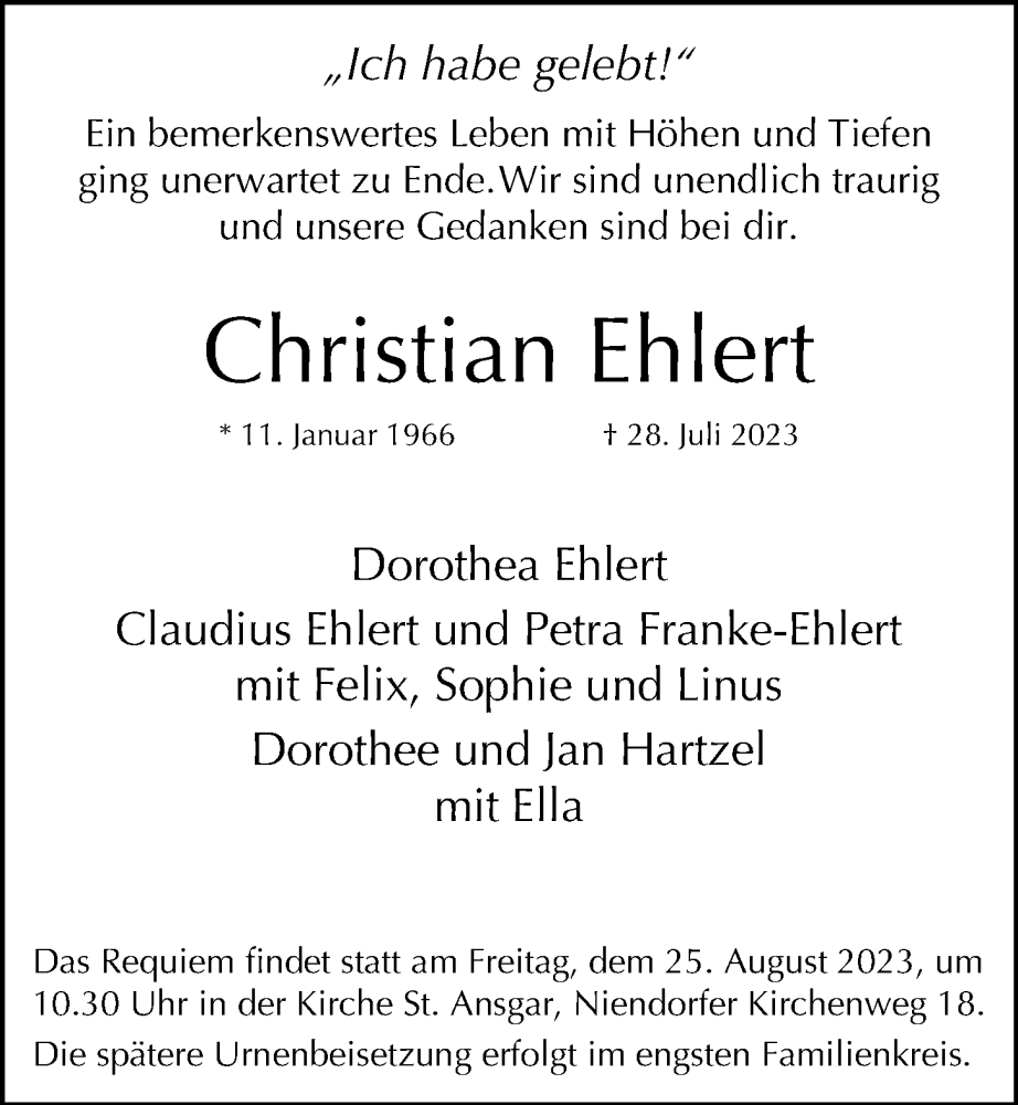  Traueranzeige für Christian Ehlert vom 19.08.2023 aus Hamburger Abendblatt