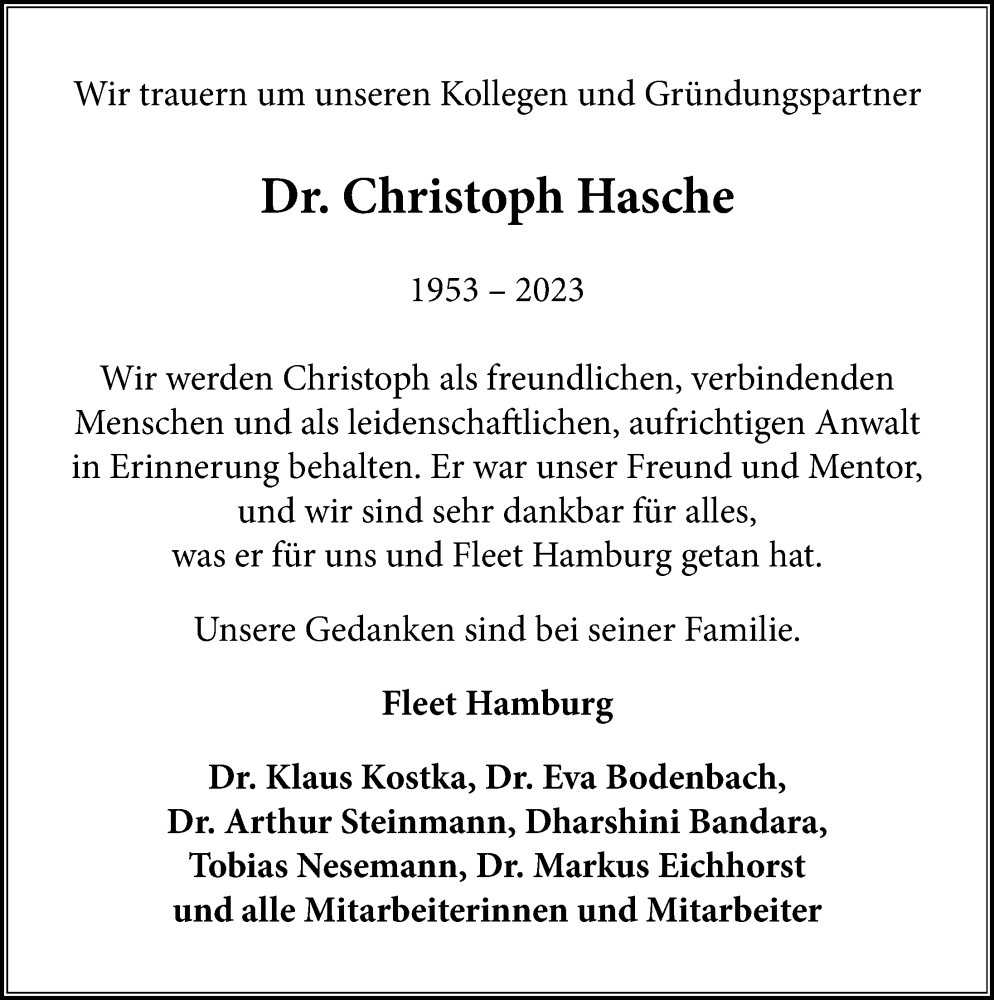  Traueranzeige für Christoph Hasche vom 19.08.2023 aus Hamburger Abendblatt
