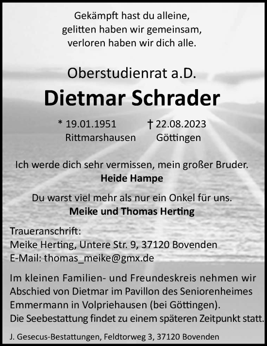 Traueranzeige von Dietmar Schrader 