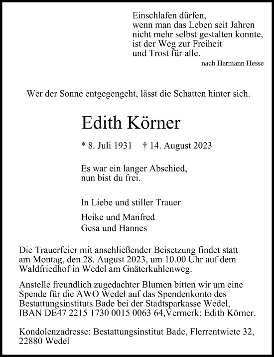 Traueranzeige von Edith Körner von Hamburger Abendblatt