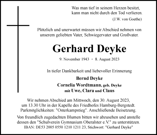 Traueranzeige von Gerhard Deyke von Hamburger Abendblatt