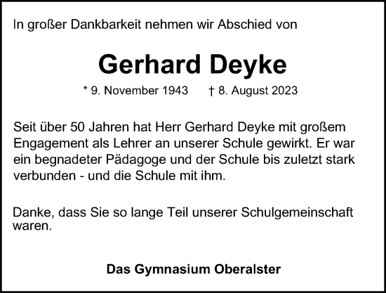 Traueranzeige von Gerhard Deyke von Hamburger Abendblatt