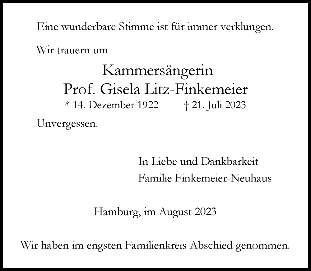  Traueranzeige für Gisela Litz-Finkemeier vom 26.08.2023 aus Hamburger Abendblatt