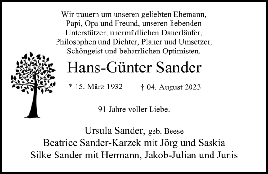 Traueranzeige von Hans-Günter Sander von Hamburger Abendblatt