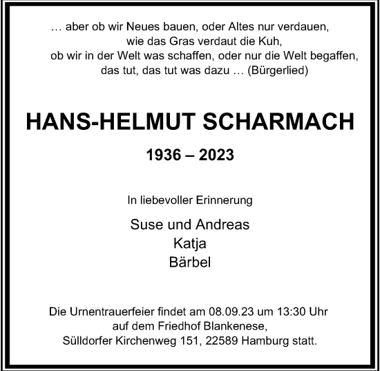 Traueranzeige von Hans-Helmut Scharmach von Hamburger Abendblatt