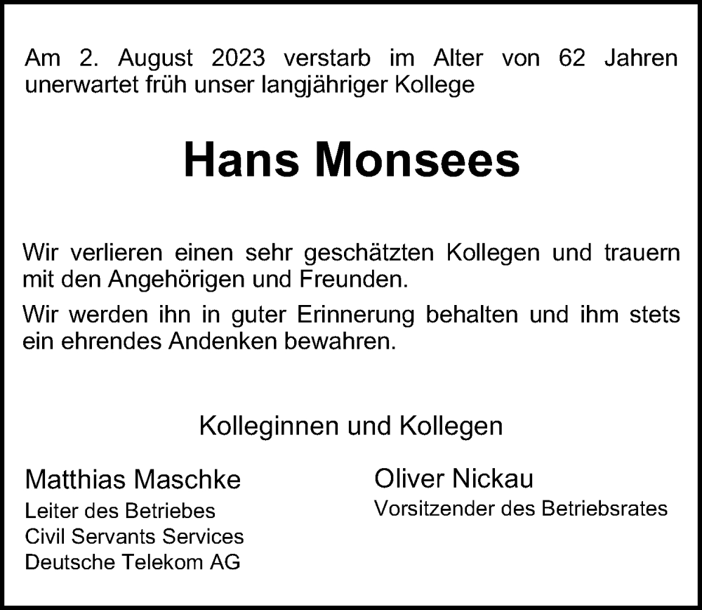 Traueranzeige für Hans Monsees vom 12.08.2023 aus Hamburger Abendblatt