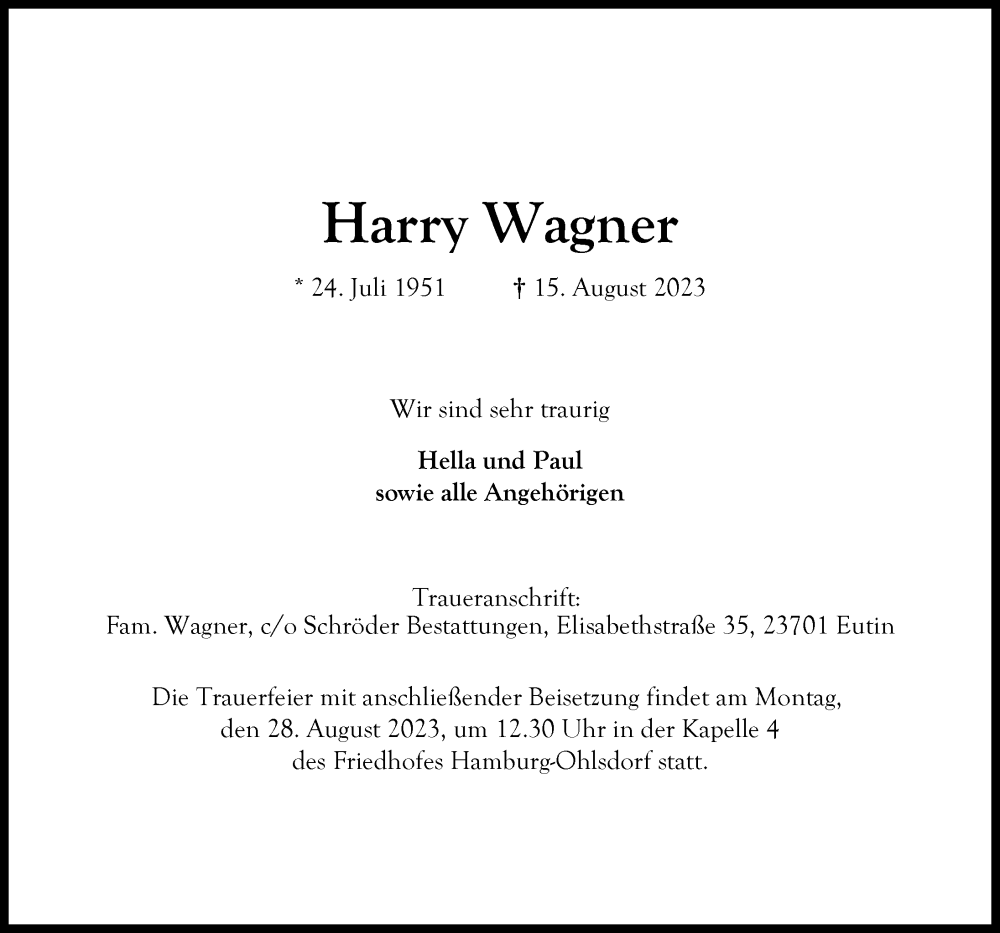  Traueranzeige für Harry Wagner vom 26.08.2023 aus Hamburger Abendblatt