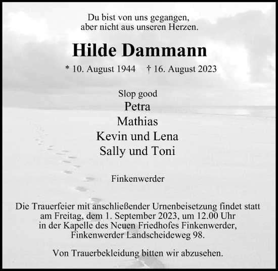 Traueranzeige von Hilde Dammann 