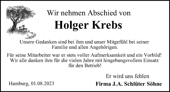 Traueranzeige von Holger Krebs von Hamburger Abendblatt
