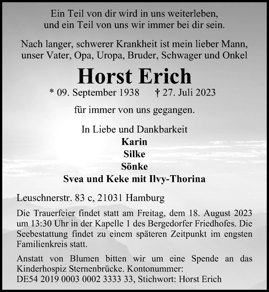  Traueranzeige für Horst Erich vom 05.08.2023 aus Bergedorfer Zeitung