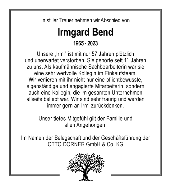 Traueranzeige von Irmgard Bend von Hamburger Abendblatt