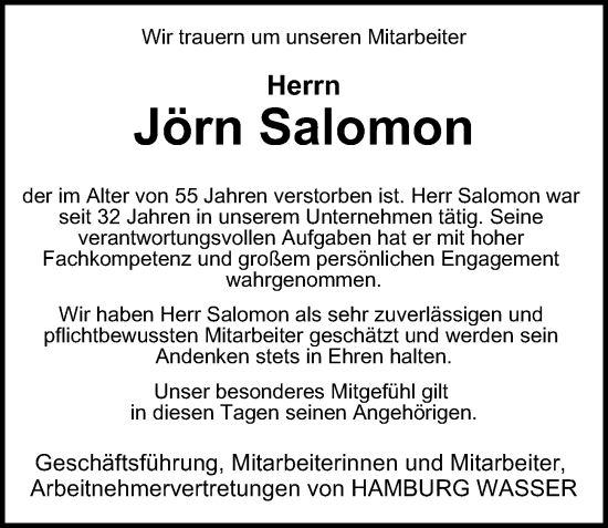 Traueranzeige von Jörn Salomon von Hamburger Abendblatt